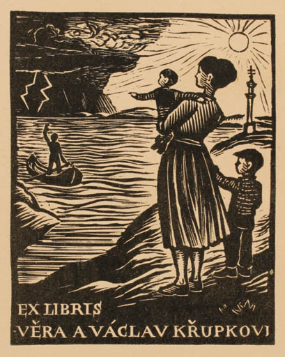 Exlibris by Michal Florian from Czechoslovakia for Vera a Vaclav Krupkovi - Child Woman Maritime Ship/Boat 