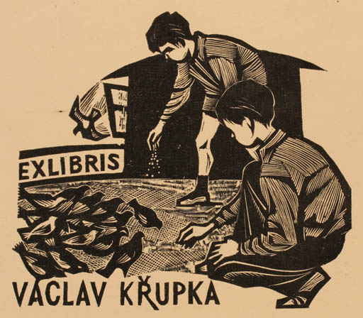 Exlibris by Dusan Janousek from Czechoslovakia for Vaclav Krupka - Child Bird 