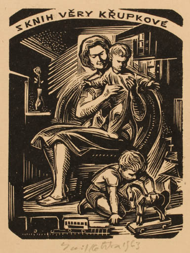 Exlibris by Emil Kotrba from Czechoslovakia for Vera Krupkova - Child Interior Woman 