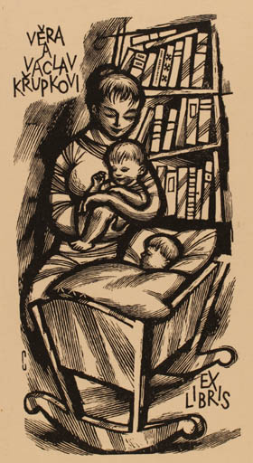 Exlibris by Vojtech Cinybulk from Czechoslovakia for Vera a Vaclav Krupkovi - Child Book Interior Woman 