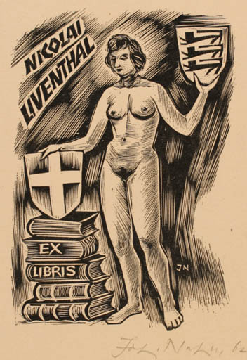 Exlibris by Johann Naha from Germany for Nicolai Liventhal - Book Woman Nude 