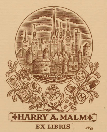 Exlibris by Johann Naha from Germany for Harry A. Malm - City 