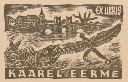 Exlibris by Johann Naha from Germany for Kaarel Eerme - Fish Man 