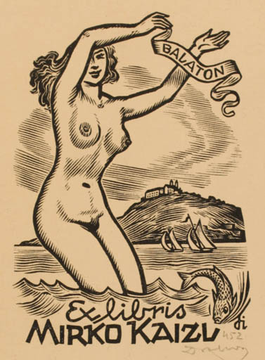 Exlibris by Istvàn Drahos from Hungary for Mirko Kaizl - Mountain Fish Woman Nude Ship/Boat 