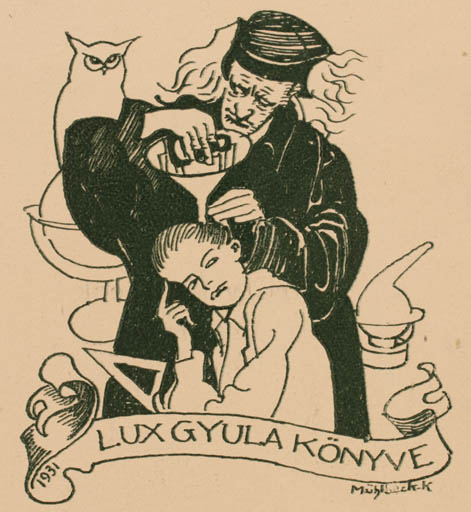 Exlibris by Károly Mühlbeck from Hungary for Lux Gyula - Woman Man Owl 