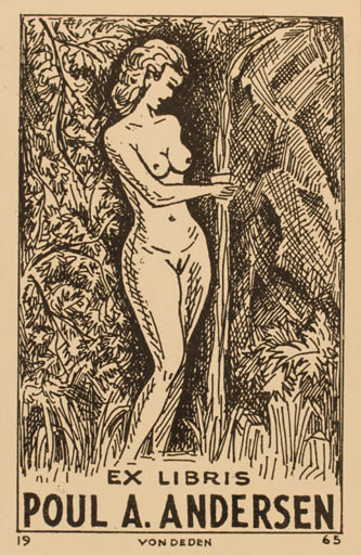 Exlibris by Erik Brønsdorff von Deden from Denmark for Poul A. Andersen - Woman Nude 