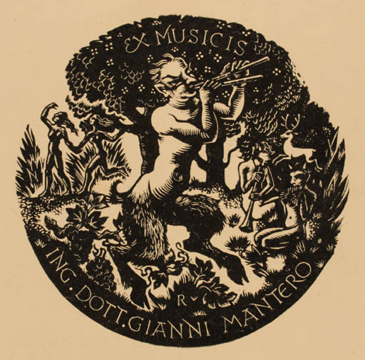 Exlibris by P.G. Reuter from Netherland for Gianni Mantero - Ex Mucika Fable Animal Music Pan/Faun 