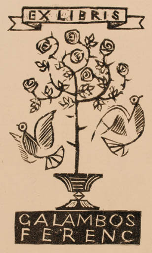 Exlibris by Jozef Szuszkiewicz from Poland for Galambos Ferenc - Flower Flora Bird 