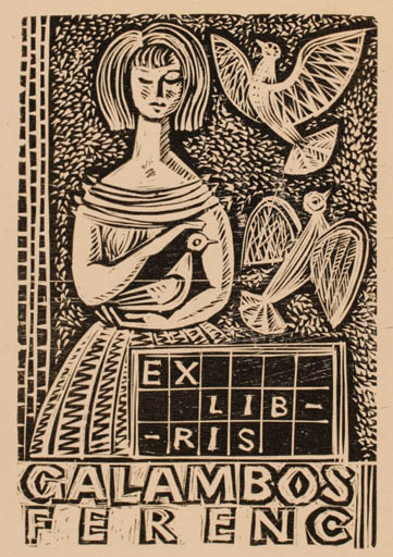 Exlibris by Jozef Szuszkiewicz from Poland for Galambos Ferenc - Bird Woman 