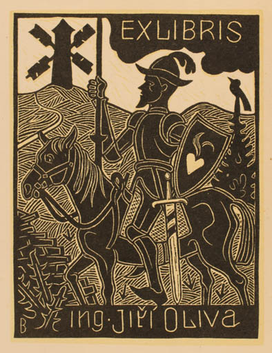 Exlibris by Jozka Baruch from Czechoslovakia for Ing. Jiri Oliva - Don Quijote Horse Mill Knight 