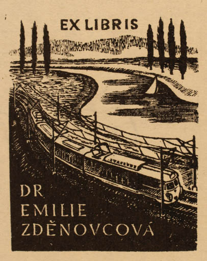 Exlibris by Jiri Bouda from Czechoslovakia for Dr. Emilie Zdenovcova - Scenery/Landscape Train 