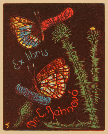 Exlibris by Jiri Slavik from Czechoslovakia for Dr. Erba Jahnova - Flora Butterfly 