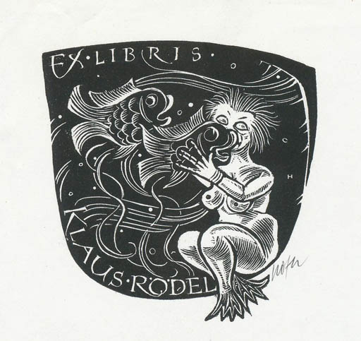 Exlibris by Toni Hofer from Austria for Klaus Rödel - Mermaid Maritime Mythology 