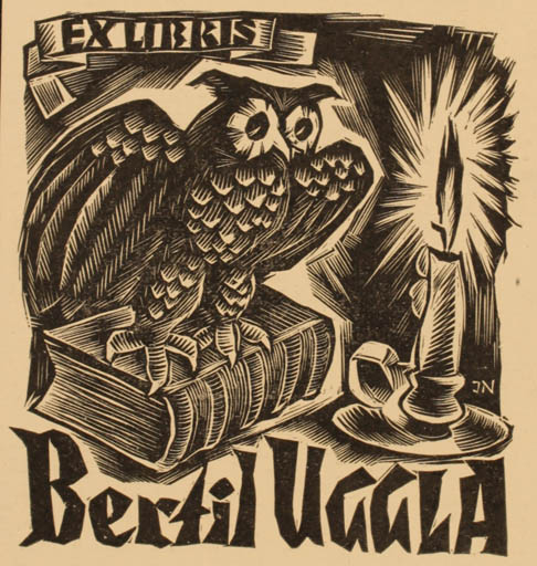 Exlibris by Johann Naha from Germany for Bertil Uggla - Book Owl 