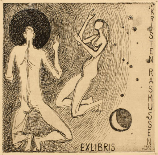 Exlibris by Muggi Wille-Nielsen from Denmark for Kristen Rasmussen - Cosmos Nude Couple 