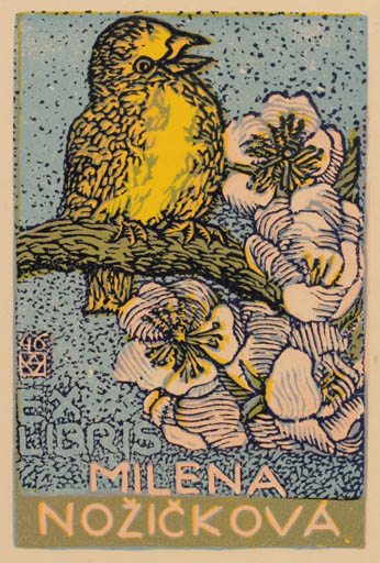 Exlibris by Anna Mackova from Czechoslovakia for Milena Noziková - Flower Bird 