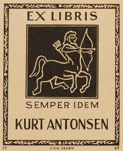 Exlibris by Erik Brønsdorff von Deden from Denmark for Kurt Antonsen - Fable Animal 