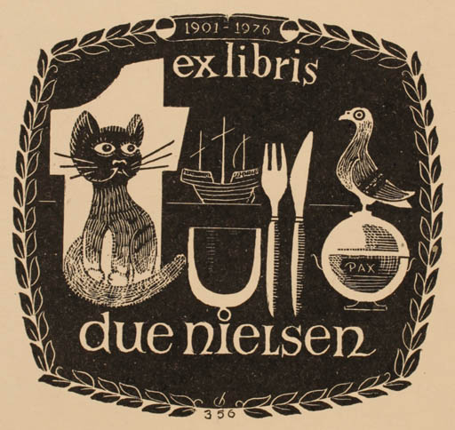 Exlibris by Christian Blæsbjerg from Denmark for Johan Due Nielsen - Bird Cat Wine 