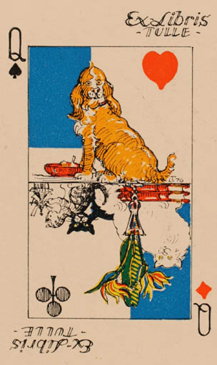 Exlibris by Lauritz B. Tanning from Denmark for Tulle Due Nielsen - Flower Dog Cat Sport/game 