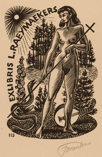 Exlibris by Frank-Ivo van Damme from Belgium for Michiel Raeymaekers - Fauna Woman Nude 