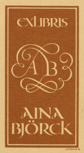 Exlibris by Clarence Bergquist from Sweden for Aina Björck - Monogram Text/Writing 