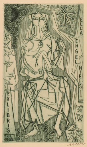 Exlibris by Muggi Wille Nielsen from Denmark for Ella og Niels Engel - Child Woman Religion 