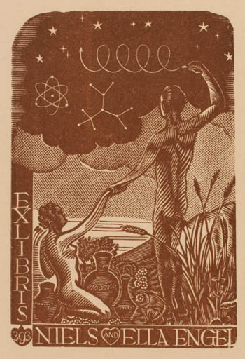 Exlibris by Arpad Daniel Nagy from Hungary for Ella og Niels Engel - Scenery/Landscape Nude Couple Romance 