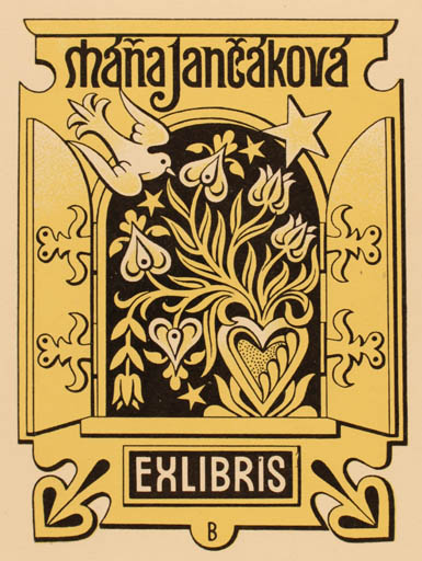 Exlibris by Jozka Baruch from Czechoslovakia for Mana Jancakova - Flower Bird 