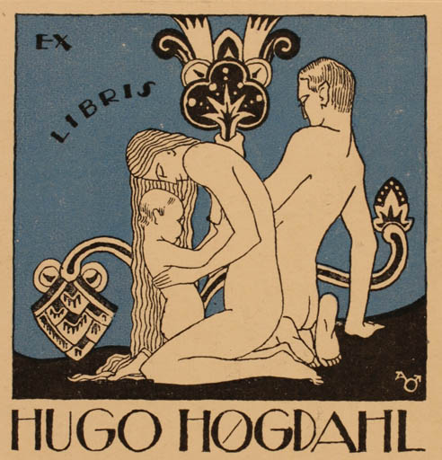 Exlibris by Albert Jaern from Norway for Hugo Høgdal - Child Jugend Woman Man Nude 