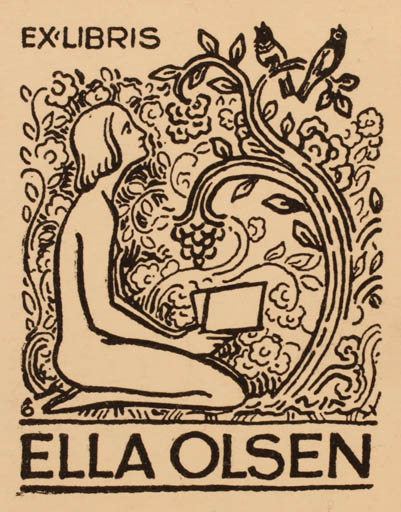 Exlibris by Albert Jaern from Norway for Ella Olsen - Flower Book Flora Bird Jugend Woman Nude 