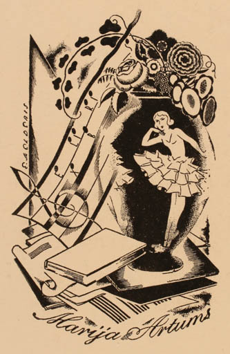 Exlibris by Eriks Melderis from Latvia for Maryja Artums - Book Jugend Woman Music 
