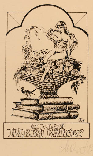 Exlibris by Maret Olvet from Estonia for Harry Rätsep - Book Fruit Bird Jugend Woman Nude 