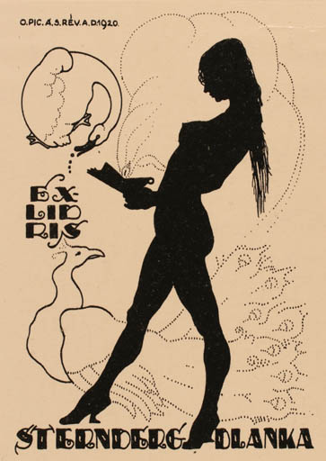 Exlibris by A. S. Rév from Hungary for Dlanka Sternberg - Bird Jugend Woman 