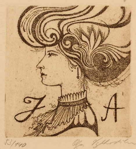 Exlibris by Olga Vychodilova from Czechoslovakia for ? A. J. - Jugend Woman Portrait 