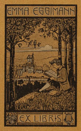 Exlibris by Ernst Heinrich from Germany for Emma Eggimann - Castle/Palace Man Tree 