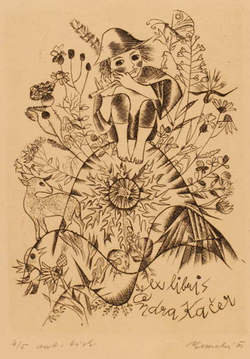 Exlibris by Anna Grmelova from Czechoslovakia for Andra Kacer - Child Fauna Flora Music 