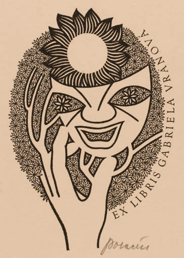 Exlibris by Josef Polacek from Czechoslovakia for Gabriela Vránová - Flower Hand(s) Sun Theater/Cirkus 