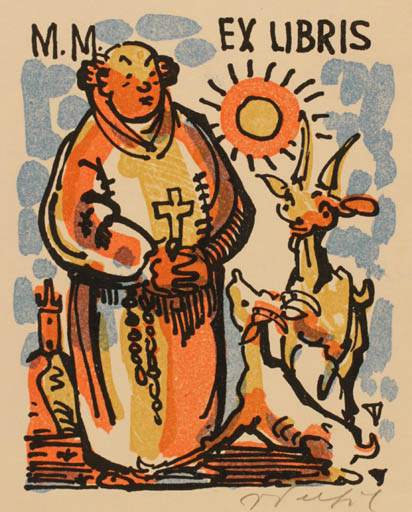 Exlibris by V Trefil from Czechoslovakia for Mirek Masek - Fauna Religion Sun 