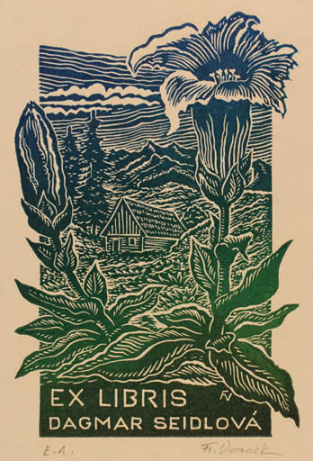 Exlibris by Frantisek Vacek from Czechoslovakia for Dagmar Seidlová - Mountain Flower Scenery/Landscape 