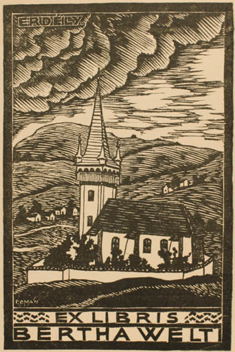 Exlibris by Karoly Radvanyi-Roman from Hungary for Bertha Welti - Church Scenery/Landscape 