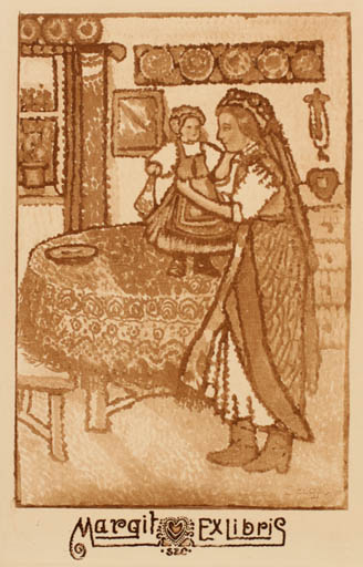 Exlibris by C. Szügyi from Hungary for ? Margit - Child Interior Woman 