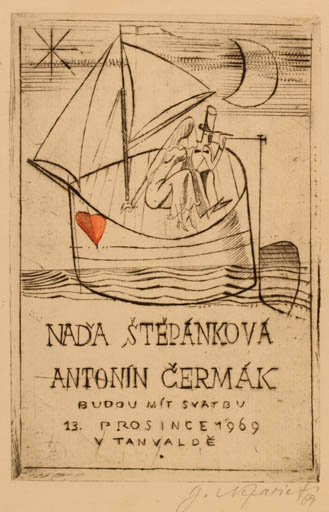 Exlibris by J Neparief from Czechoslovakia for Antonin Cermak - Ship/Boat 