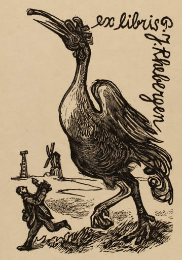 Exlibris by Zdenek Mezl from Czechoslovakia for G. Jan Rhebergen - Fauna Bird Man Mill 