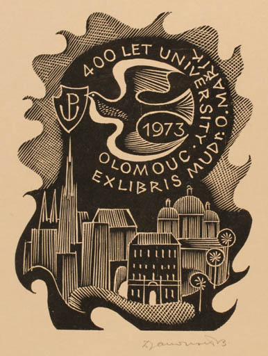 Exlibris by Dusan Janousek from Czechoslovakia for Dr. Otakar Marik - City Bird 