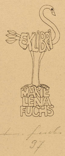 Exlibris by Brigitte Fuchs from Czechoslovakia for Marie Lena Fuchs - Bird Text/Writing 