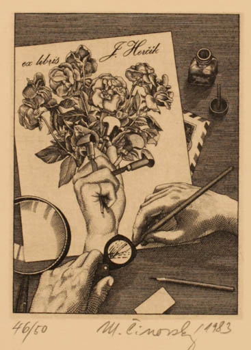 Exlibris by Martin Cinovsky from Czechoslovakia for J Hercik - Flower Flora Hand(s) Art 