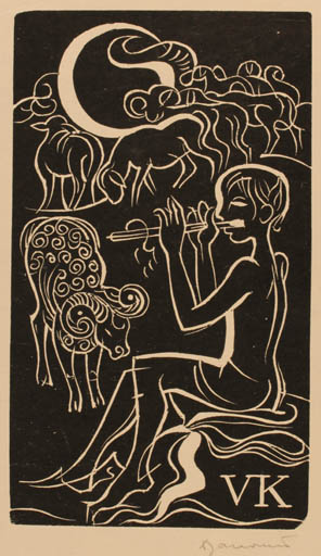 Exlibris by D Tanousek from Czechoslovakia for ? V.K. - Child Fauna Music 