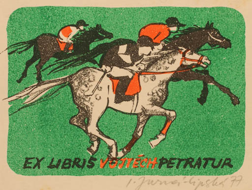 Exlibris by Ivana Lipska from Czechoslovakia for Vojtech Petratur - Horse Horseman/Rider Sport/game 