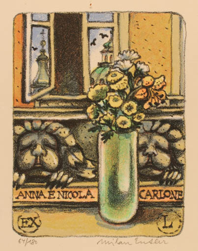 Exlibris by Entler Milan from Czechoslovakia for Nicola AnnaE Carlone - Architecture Flower Flora 