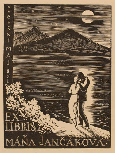 Exlibris by Vaclav Polivka from Czech Republic for Mana Jancakova - Mountain Scenery/Landscape Couple Romance 